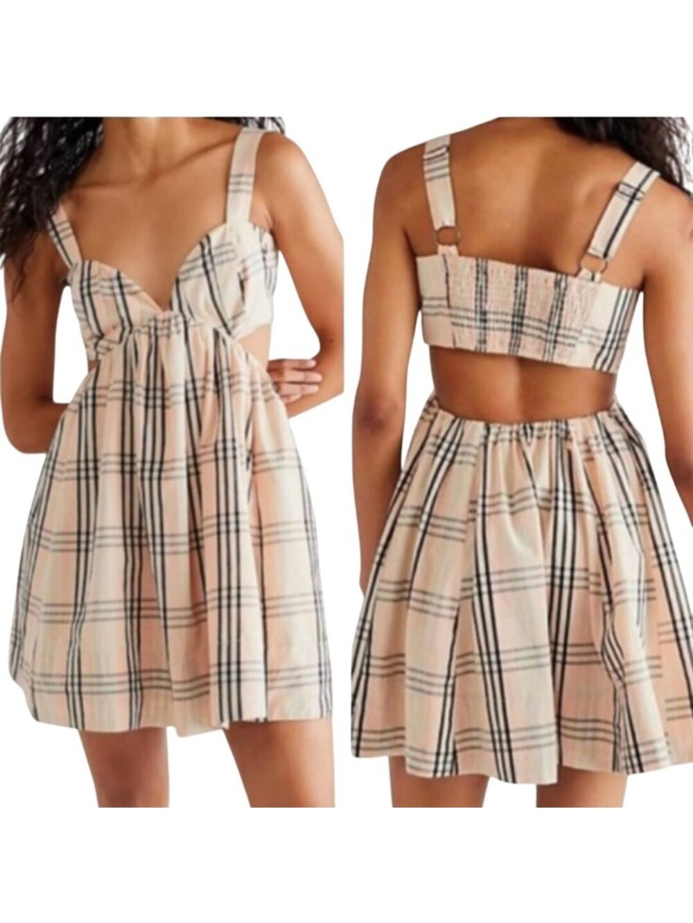 Free People Bridget Mini Dress A Line Cut Out Back Plaid Lined Size M - Picture 7 of 11